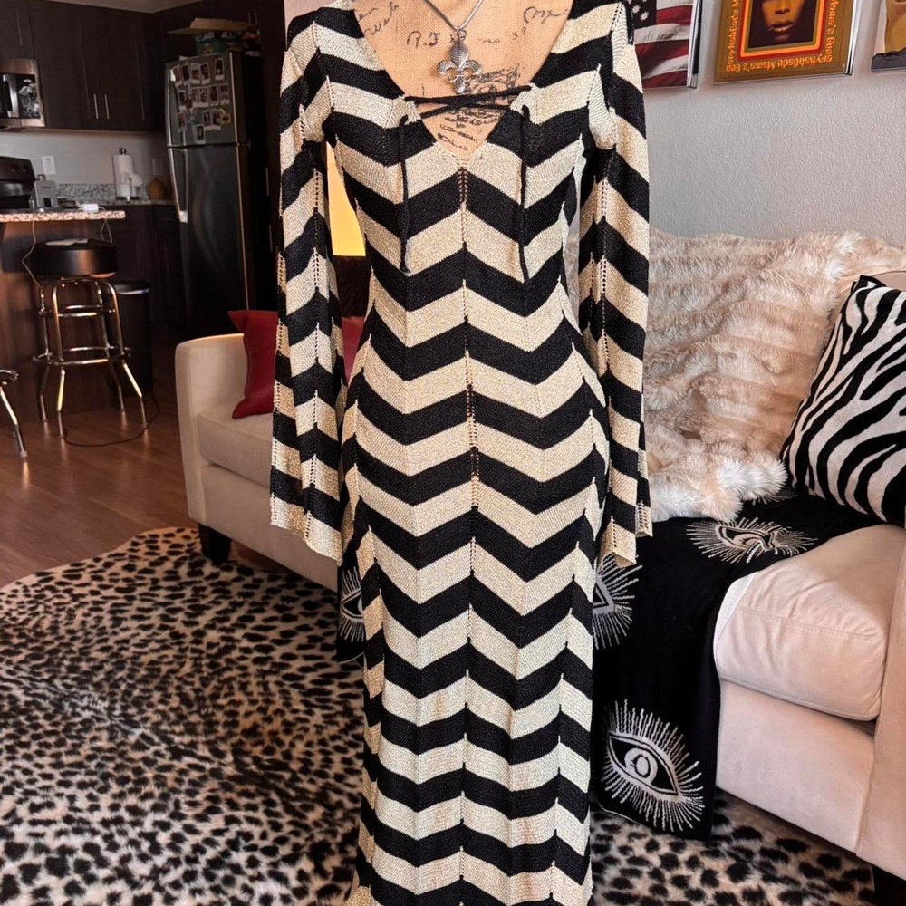 Boho euro chic black cream knit dress💋